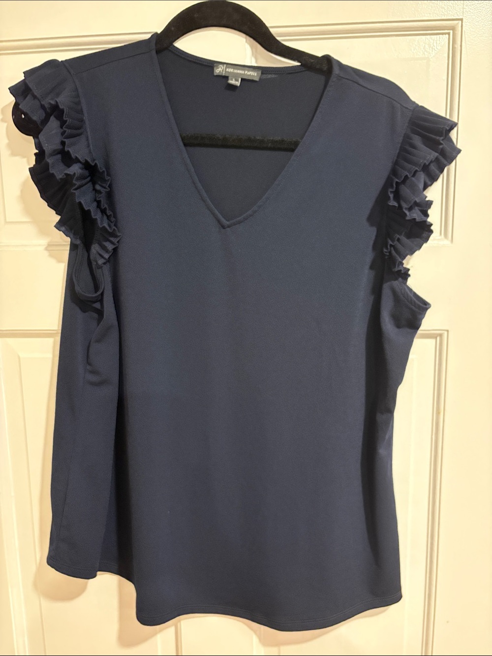 Adrianna Papell Navy Ruffle Sleeve V-Neck Shell